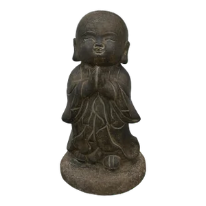 16.5" Chinese Dark Gray Stone Anjali Mudra Cute Lohon Monk Statue