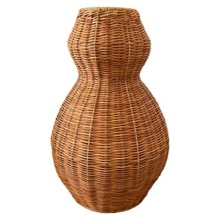 Boho Wicker Floor Vessel Vase For Sale