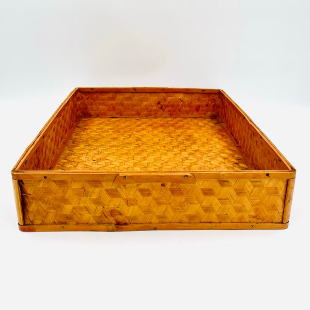 Tan Vintage Chinese Bamboo Serving Tray Woven Split Rattan For Sale - Image 8 of 10
