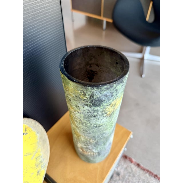 Vintage Murano Scavo Corroso Glass Cylinder Vase Acid Green and Yellow For Sale - Image 10 of 15