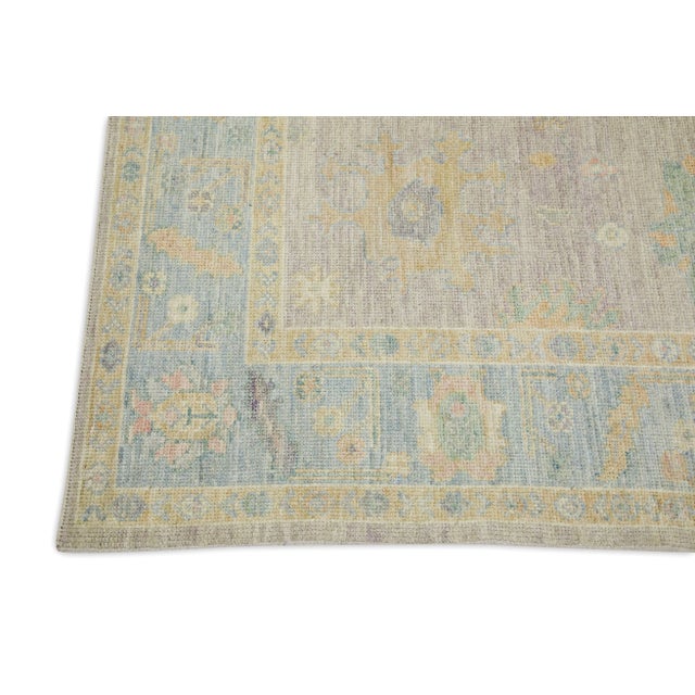Modern Early 21st Century Blue Multicolor Floral Design Handwoven Wool Turkish Oushak Rug 5'4" X 6'9" For Sale - Image 3 of 7