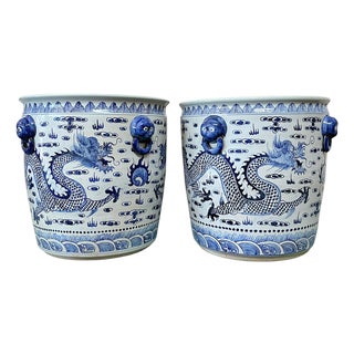 Contemporary Large Chinoiserie Coastal Blue & White Planters - A Pair For Sale