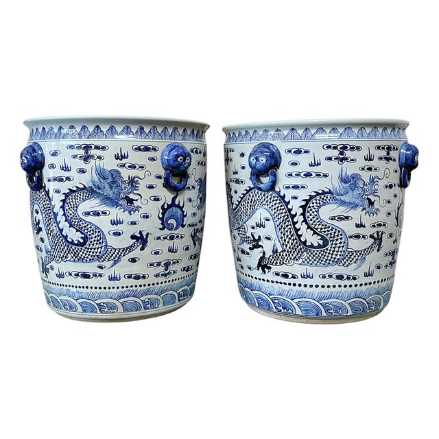 Contemporary Large Chinoiserie Coastal Blue & White Planters - A Pair For Sale