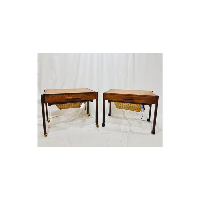 Mid-Century Modern Mid 20th Century Near Pair of Danish Modern Sewing /Side Tables With Woven Baskets in the Style of p.j. Møbler – Rosewood & Teak For Sale - Image 3 of 11