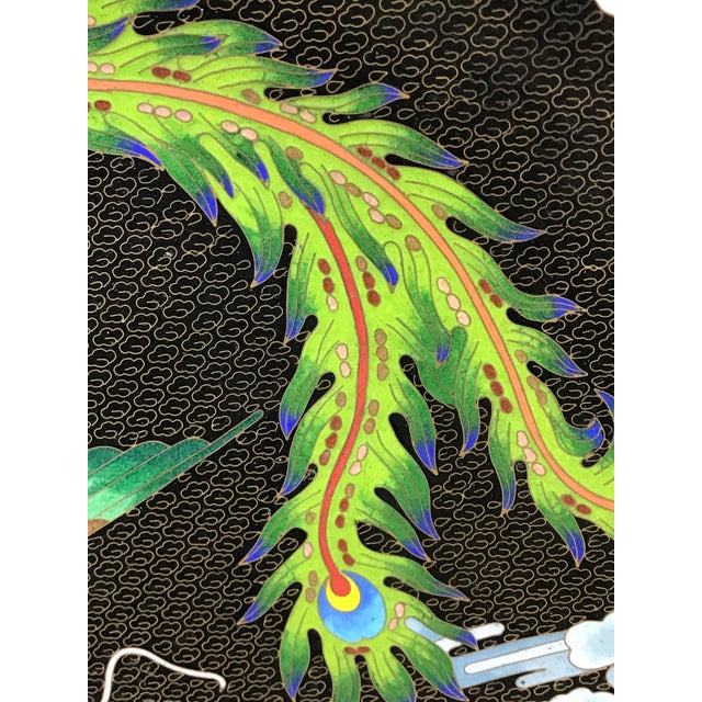 1970s Extra Large Decorative Asian Cloisonné Dragon and Phoenix Plate With Wood Stand For Sale - Image 5 of 9