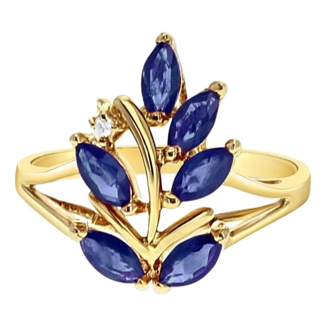 Marquise Sapphire Floral Cluster Ring 14k Yellow Gold, Size 6 For Sale