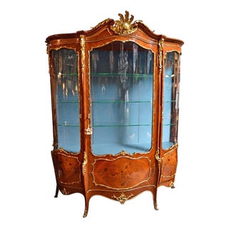 19th Century French Louis XV-Style Marquetry Vitrine With Gilt Bronze. For Sale