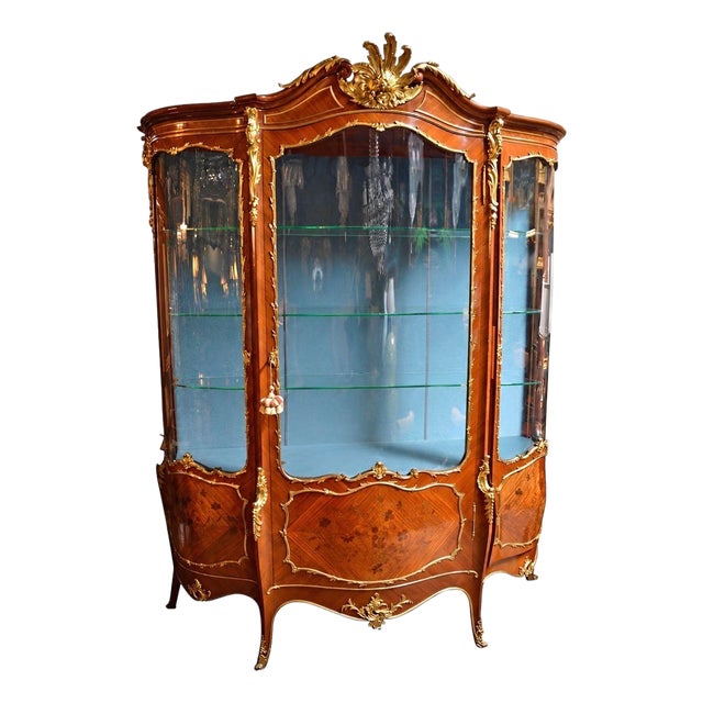 19th Century French Louis XV-Style Marquetry Vitrine With Gilt Bronze. For Sale