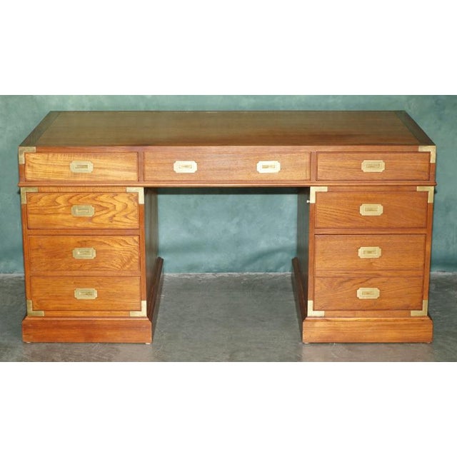 Lovely vintage Teak & Brass large sized Military Campaign pedestal desk that splits in to three easy to transport pieces A...