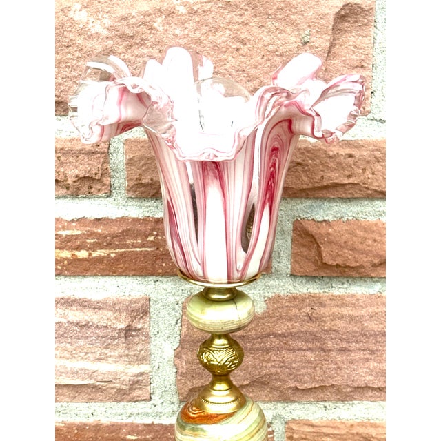 White Vintage Brass and Onyx Glass Shade Table Lamp, 1960s For Sale - Image 8 of 12