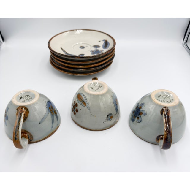 Ken Edwards 1960s El Palomar Tonala Coffee Tea Cups & Plates Mexico Folk Art Pottery - Set of 8 For Sale - Image 9 of 13
