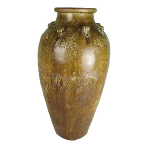 Antique Chinese Martaban Jar Brown Tan Glaze Flowers