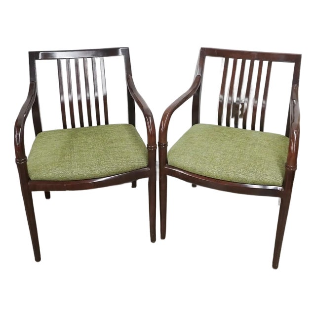 Pair of Late 20th Century Georgian Style Fruitwood and Green Upholstered Open Armchairs For Sale