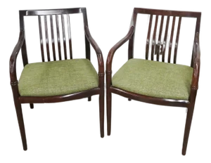 Pair of Late 20th Century Georgian Style Fruitwood and Green Upholstered Open Armchairs