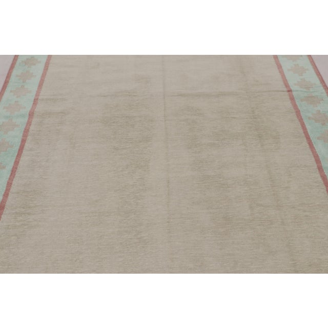 Rug & Kilim Rug & Kilim’s Contemporary Dhurrie Rug in Beige With Teal and Rose Border For Sale - Image 4 of 9