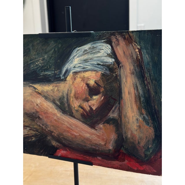 Mid 20th Century Vintage Mid-Century Figurative Oil Painting on Board | Woman in Thought For Sale - Image 5 of 7