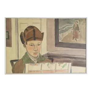 1925 Watercolor Painting Portrait of His Son at Christmas by Charles Downing Lay