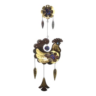 Cesar Vasquez Copper, Brass & Enamel Chicken Sculpture Wall Hanging, 1970’s For Sale