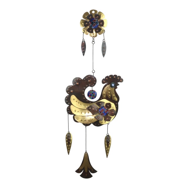 Cesar Vasquez Copper, Brass & Enamel Chicken Sculpture Wall Hanging, 1970’s For Sale