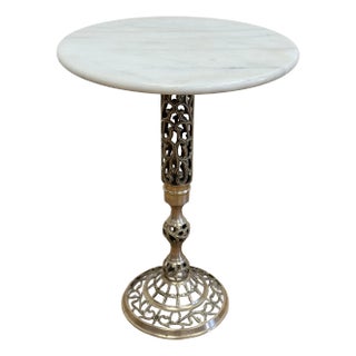 Vintage French Style Brass Filigree Marble Top Side Table For Sale
