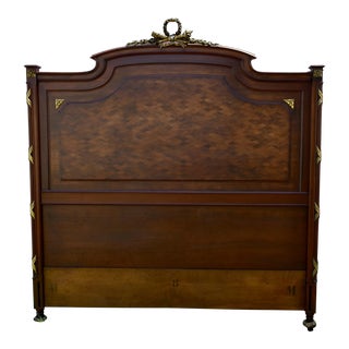 Antique French Parquetry Inlaid Mahogany Full Size Headboard With Brass Ormolu For Sale