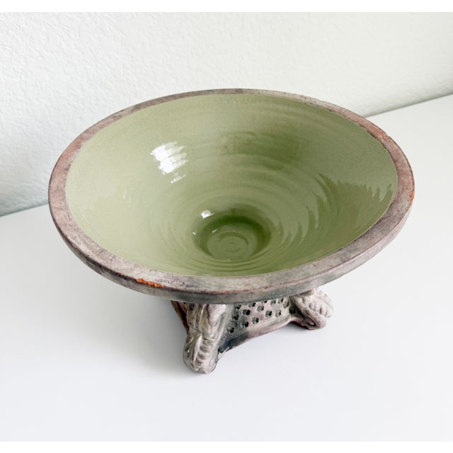 Rustic European Vintage Italianate Terracotta & Celadon Glazed Pedestal Bowl For Sale - Image 3 of 10