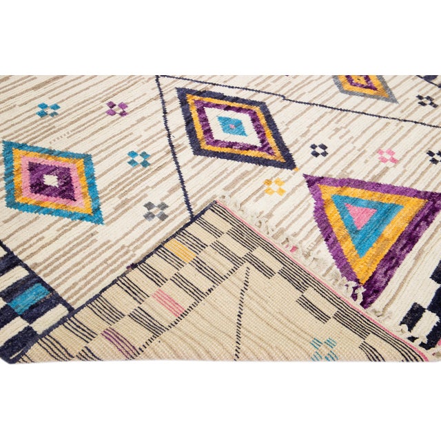 Modern Moroccan Style Handmade Multicolor Tribal Wool Rug For Sale - Image 4 of 12