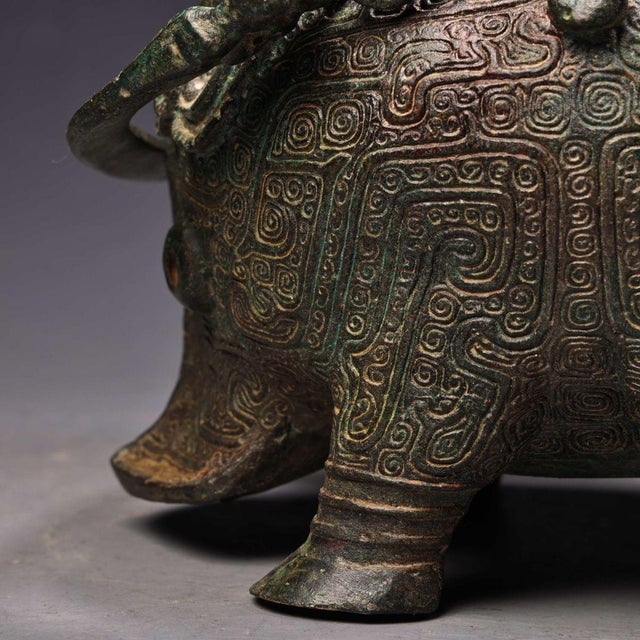 Bronze Late 19th Century Bronze Ritual Vessel With Handle and Lid For Sale - Image 8 of 10