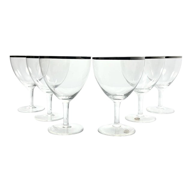 1960s Mid-Century Vintage Minimalist 6 Silver Rim Wine Glasses For Sale