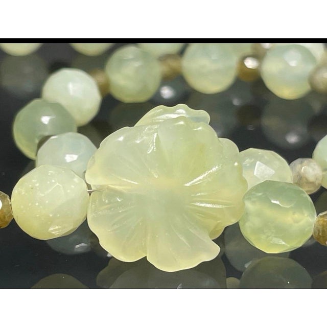 Boho Chic Gemstome Necklace Hand-Carved Round Faceted Prehnite Flower Necklace With Labradorite Spacers and Sterling Silver Ornate Clasp For Sale - Image 3 of 4