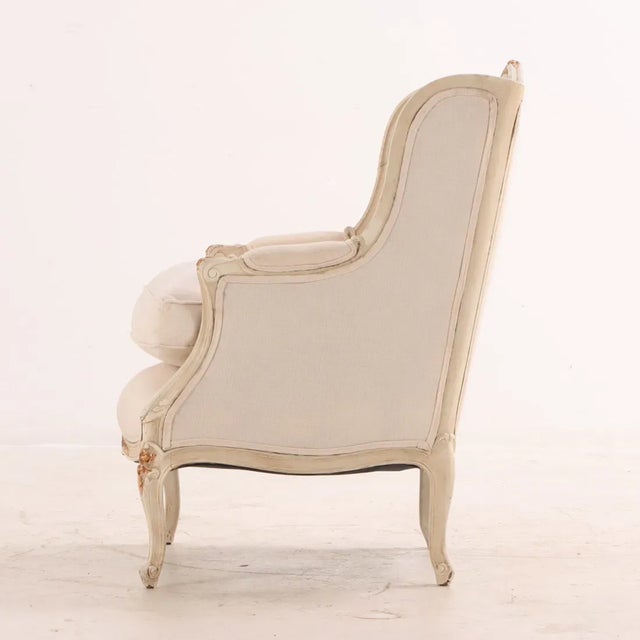 Early 20th Century 1920s Pair Painted and Gilt Bergère Chairs With New Fabric For Sale - Image 5 of 6