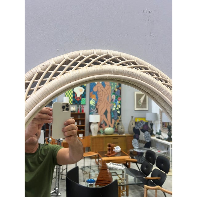 Vintage White Rattan Oval Wall Mirror For Sale - Image 4 of 6