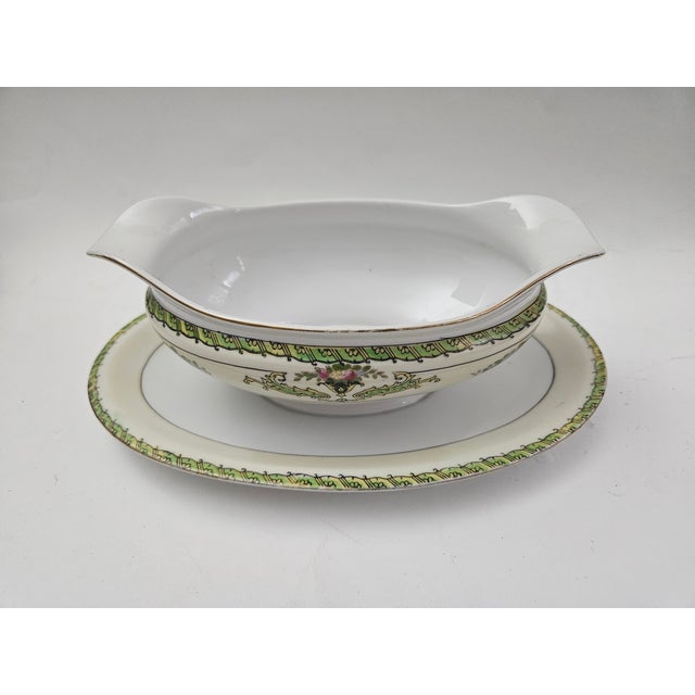 1920s Antique Noritake Gravy Boat and Attached Underplate, With Green