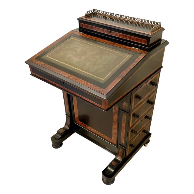 Antique Victorian Ebonised and Walnut Crossbanded Davenport For Sale