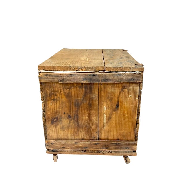 Antique Handmade Folk Art Wood Box Crate Table With Wheels For Sale - Image 9 of 18