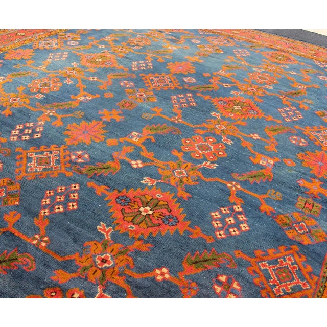 Textile Early 20th Century Antique Turkish Oushak Rug in Vibrant Blue Red Green With All-Over Design For Sale - Image 7 of 12