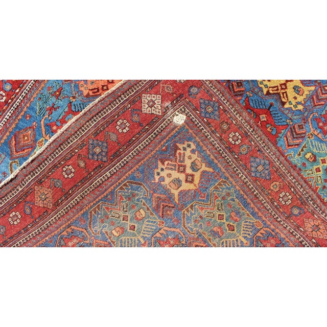 Textile Antique Persian Afshar Rug in Blue Background, Terracotta Red Border & Lt. Green Square Shape 4'2"x5'1" For Sale - Image 7 of 7