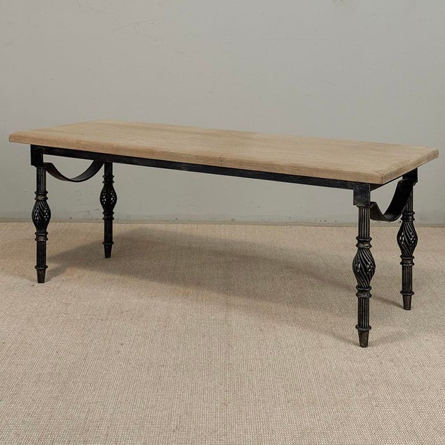 French Country Antique Country French Stripped Oak and Hand Forged Iron Coffee Table For Sale - Image 3 of 16