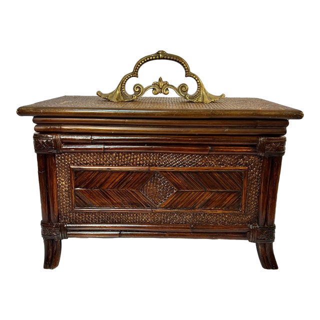 Chic Vintage Large Faux Bamboo and Rattan Memory Keepsake Box With Decorative Brass Handle For Sale