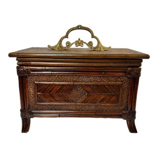 Late 20th Century Chic Vintage Large Faux Bamboo and Rattan Memory Keepsake Box With Decorative Brass Handle For Sale