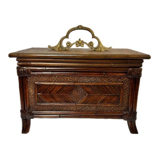 Vintage Large Faux Bamboo and Rattan Memory Keepsake Box With Decorative Brass Handle For Sale