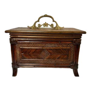 Vintage Large Faux Bamboo and Rattan Memory Keepsake Box With Decorative Brass Handle