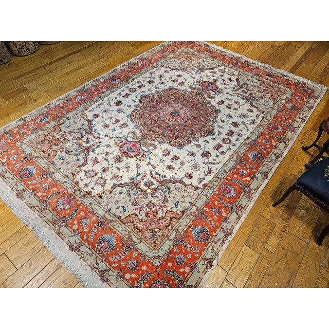 Ivory Vintage Persian Tabriz Rug, Hand-Knotted Wool & Silk, Floral Pattern, Ivory & Pink, 8x12 For Sale - Image 8 of 18
