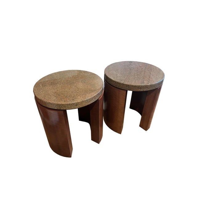 Pair of Sculptured Mahogany Side Tables With Thick Granite Top, Signed by Artist For Sale - Image 4 of 10