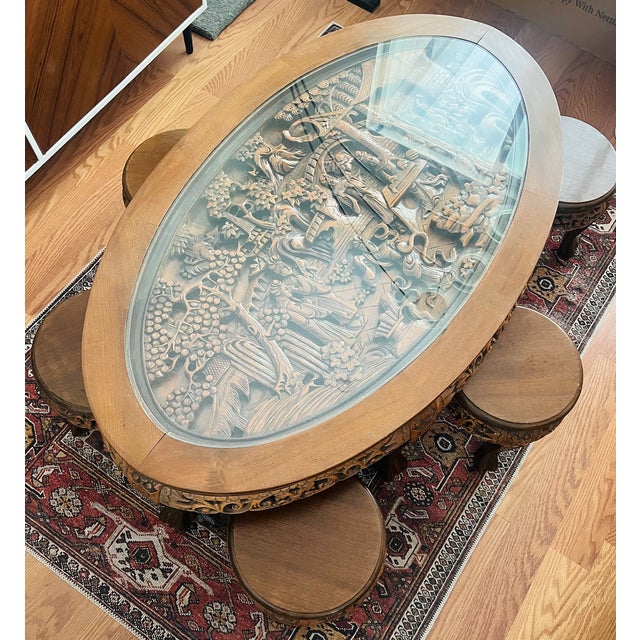 1950s 1950s Hand-Carved Asian Hardwood Coffee Table With Glass Top & 6 Nesting Stools For Sale - Image 5 of 7