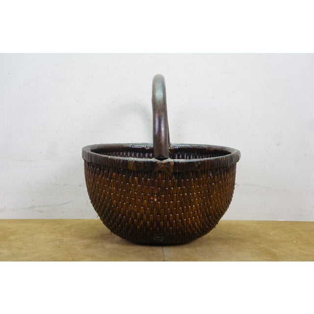 Antique Chinese Bentwood Woven Willow Rice Harvest Gathering Basket 16" For Sale - Image 4 of 15