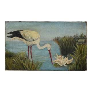 Antique Victorian Oil on Canvas Marsh Scene of Stork Delivering Baby, Circa 1880s For Sale