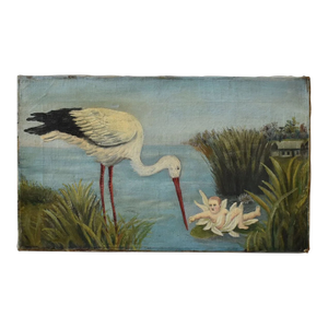 Antique Victorian Oil on Canvas Marsh Scene of Stork Delivering Baby, Circa 1880s