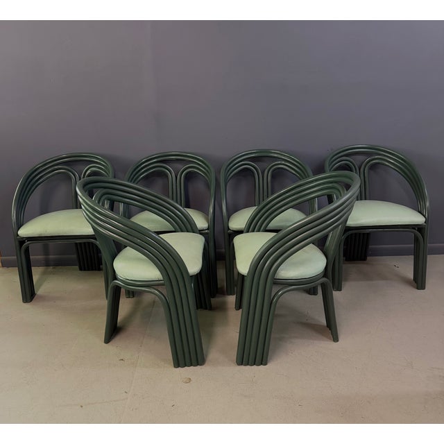 Set of 6 Postmodern Green Bent Rattan Dining Chair in the Style of Axel Enthoven For Sale - Image 10 of 13