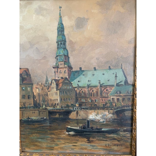 Beautiful early 20th-century German cityscape oil painting on wood board by listed artist Willy Ashmann. The painting...